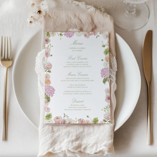 Floral Elegance Pink Green Frame Wedding Menu