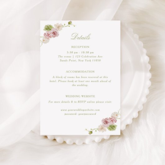Floral Elegance Pink Green Wedding Informatiekaartje