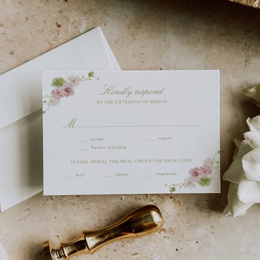 Floral Elegance Pink Green Wedding RSVP Kaartje