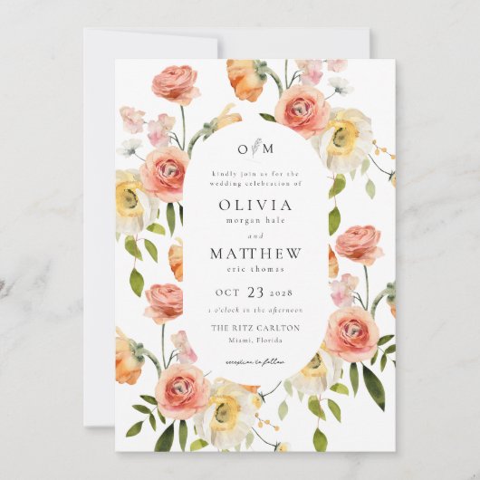 Floral Elegance Roze Koraal Bruiloft Uitnodiging (Voorkant)