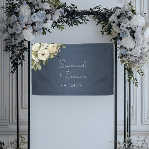 Floral Elegance Stoffig Blauw Bruiloft Spandoek