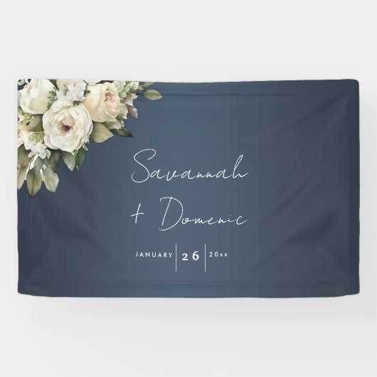 Floral Elegance Stoffig Blauw Bruiloft Spandoek (Horizontaal)