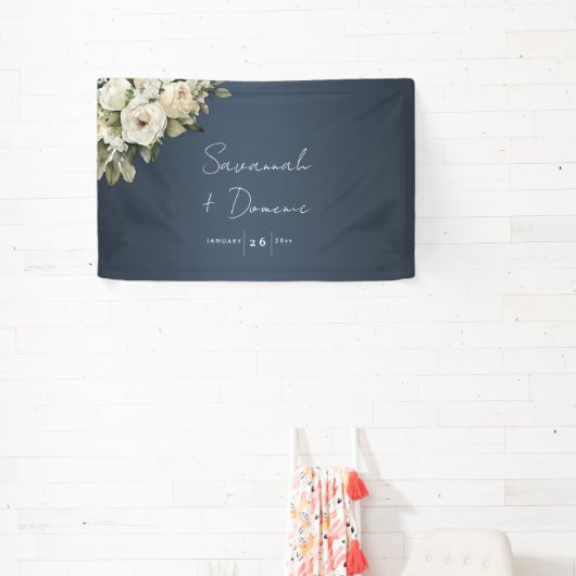 Floral Elegance Stoffig Blauw Bruiloft Spandoek (Insitu)