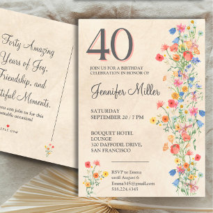 Floral Elegant 40e verjaardag, Wildflowers 40 jaar Uitnodiging Briefkaart