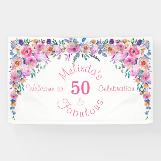 Floral Elegant 50 en Fabulous Birthday Spandoek (Horizontaal)