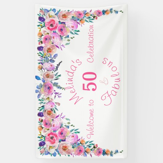 Floral Elegant 50 en Fabulous Birthday Spandoek (Verticaal)