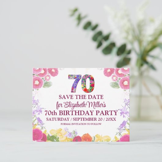 Floral Elegant 70e verjaardag Bewaar de datum 70 Briefkaart (Staand voorkant)