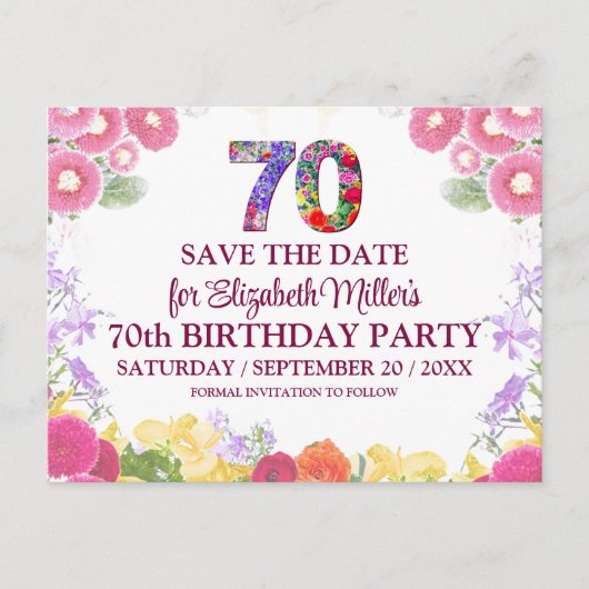 Floral Elegant 70e verjaardag Bewaar de datum 70 Briefkaart (Voorkant)