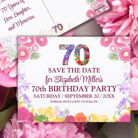 Floral Elegant 70e verjaardag Bewaar de datum 70 Briefkaart