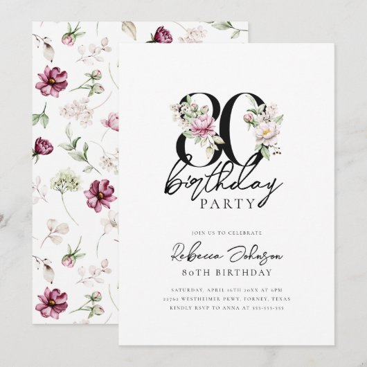 Floral Elegant 80ste verjaardag Kaart (Voorkant / Achterkant)