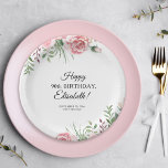 Floral elegant 90th birthday party  papieren bordje<br><div class="desc">Stylish rustic pink roses,  feminine floral 90th birthday party table decorations - name personalized paper plates.</div>