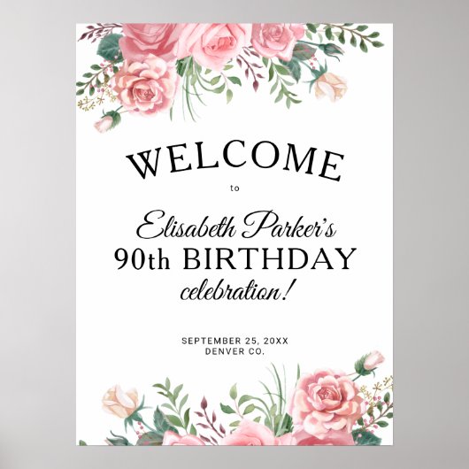 Floral elegant 90th birthday party welcome  poster (Voorkant)