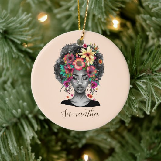 Floral Elegant Afro Woman Keramisch Ornament (Boom)