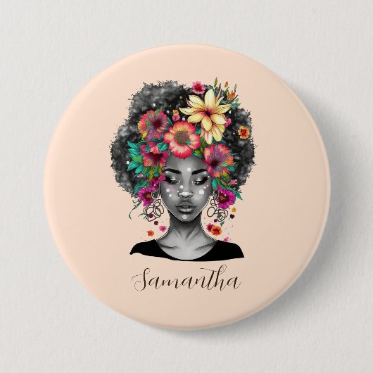 Floral Elegant Afro Woman Ronde Button 7,6 Cm (Voorkant)
