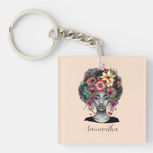 Floral Elegant Afro Woman Sleutelhanger (Voorkant)