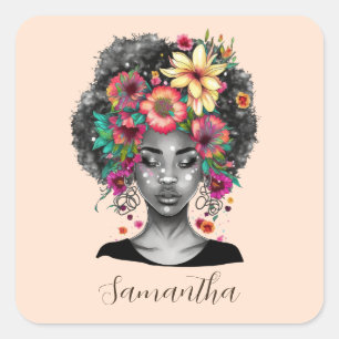 Floral Elegant Afro Woman Stone Magnet Vierkante Sticker