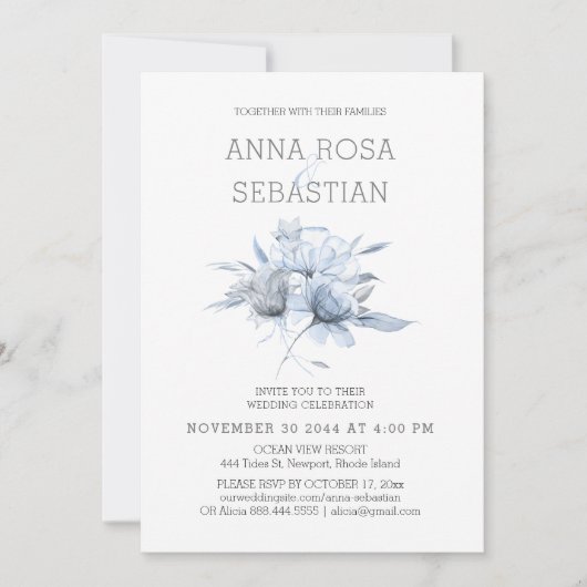 *~* Floral Elegant AR15 WEDDING Blue Roos RSVP + Kaart (Voorkant)