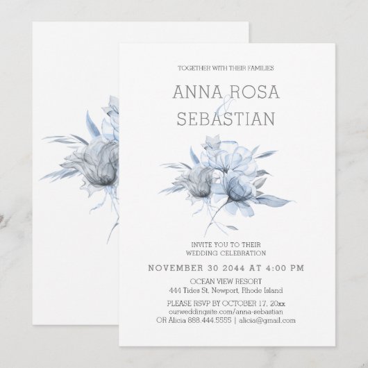 *~* Floral Elegant AR15 WEDDING Blue Roos RSVP + Kaart (Voorkant / Achterkant)