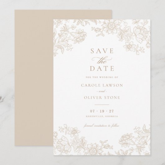 Floral Elegant  Beige Save the Date Kaart (Voorkant / Achterkant)