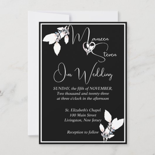 Floral Elegant Black and White Wedding Kaart (Voorkant)