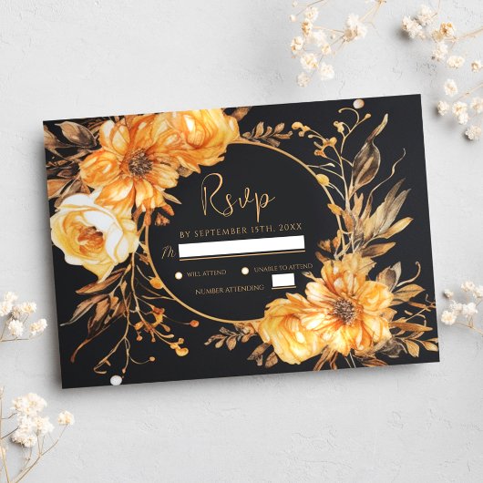 Floral Elegant Black Fall Bruiloft RSVP Kaartje
