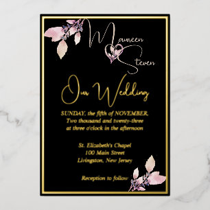 Floral Elegant Black Wedding Gold Folie Uitnodiging