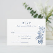 Floral Elegant  Blauw Bruiloft RSVP Kaart (Staand voorkant)