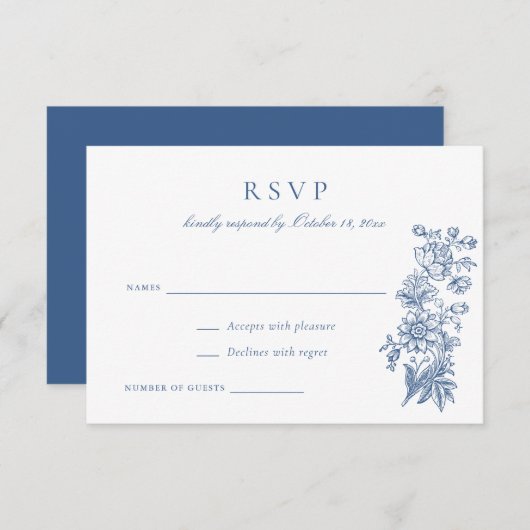 Floral Elegant  Blauw Bruiloft RSVP Kaart (Voorkant / Achterkant)