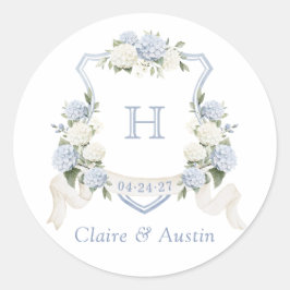 Floral Elegant Blauw Hydrangea Crest Envelope Ronde Sticker