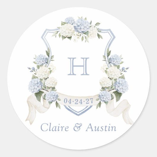 Floral Elegant Blauw Hydrangea Crest Envelope Ronde Sticker (Voorkant)
