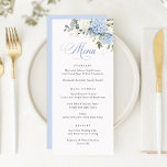 Floral Elegant Blauw Wit Hydrangea Bruiloft Menu<br><div class="desc">Bloemblauw Hydrangea groen bruiloft menu. Elegant Bloemen Wit & Blauw Hydrangea Bruiloft Menu Kaart. Formele bruiloft menu Sjabloon</div>