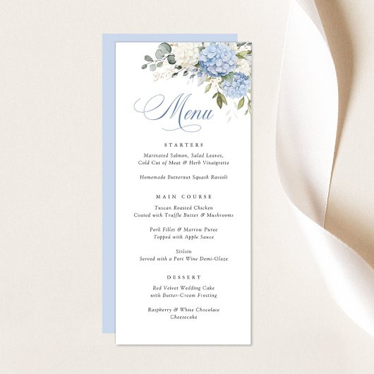 Floral Elegant Blauw Wit Hydrangea Bruiloft Menu