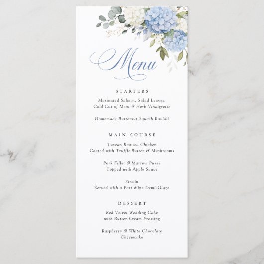 Floral Elegant Blauw Wit Hydrangea Bruiloft Menu (Voorkant)