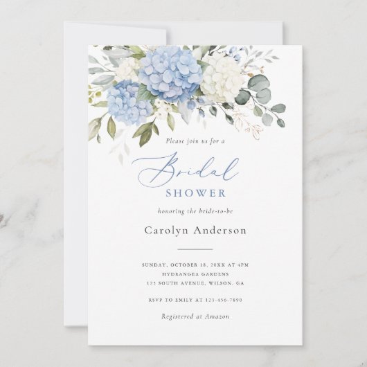 Floral Elegant Blauw Wit Hydrangea Vrijgezellenfee Kaart (Voorkant)