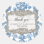 Floral Elegant  Blauw Wit Zilver Dank u Ronde Sticker (Voorkant)