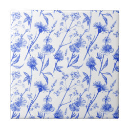 Floral Elegant Blue Flowers Ceramic Tile Tegeltje