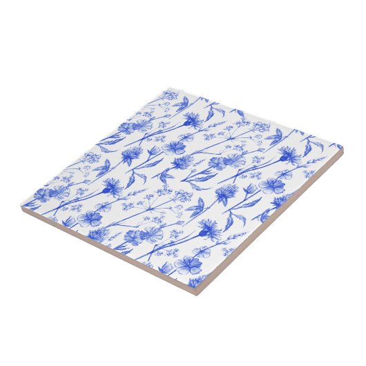 Floral Elegant Blue Flowers Ceramic Tile Tegeltje (Zijkant)