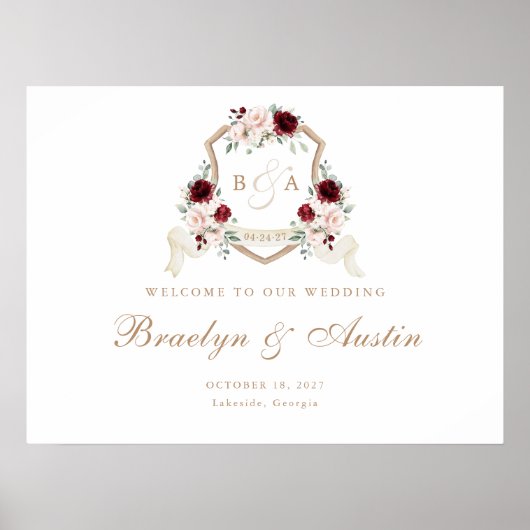 Floral Elegant Blush Bourgondië Crest Welkomstbord Poster (Voorkant)