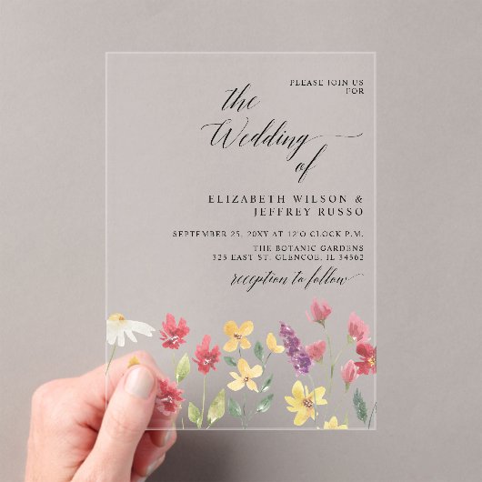 Floral Elegant Boho Summer Wildflower Wedding Acryl Uitnodigingen (Insitu (Draagbaar))