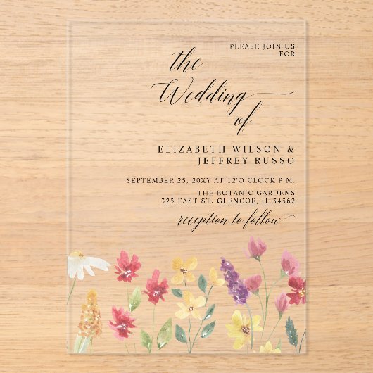 Floral Elegant Boho Summer Wildflower Wedding Acryl Uitnodigingen (Voorkant)