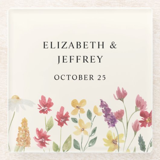 Floral Elegant Boho Summer Wildflower Wedding Glazen Onderzetter (Voorkant)