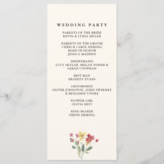 Floral Elegant Boho Summer Wildflower Wedding Programmakaart (Achterkant)
