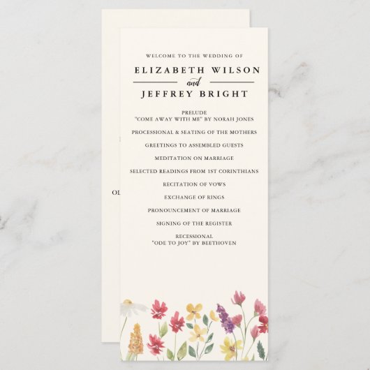 Floral Elegant Boho Summer Wildflower Wedding Programmakaart (Voorkant / Achterkant)