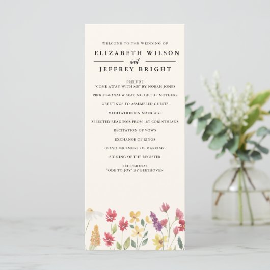 Floral Elegant Boho Summer Wildflower Wedding Programmakaart (Staand voorkant)