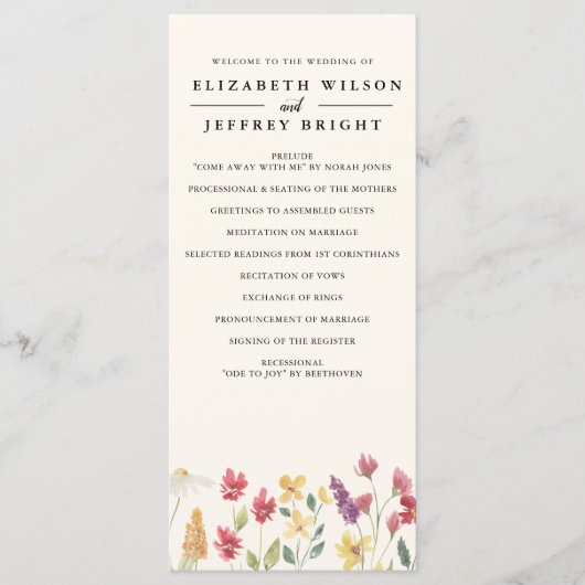 Floral Elegant Boho Summer Wildflower Wedding Programmakaart (Voorkant)