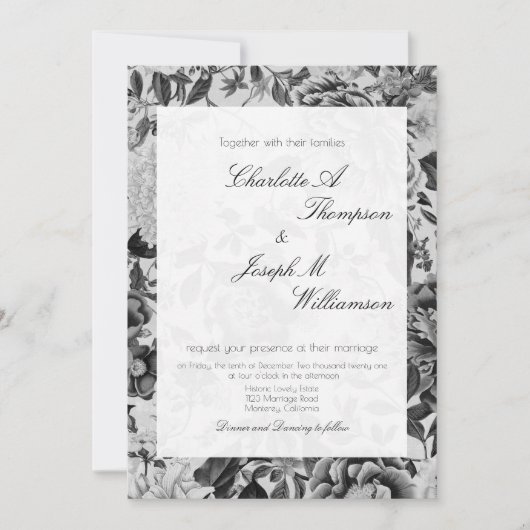 Floral Elegant Botanical Black White Wedding Kaart (Voorkant)