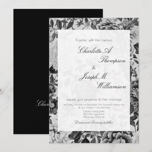 Floral Elegant Botanical Black White Wedding Kaart (Voorkant / Achterkant)