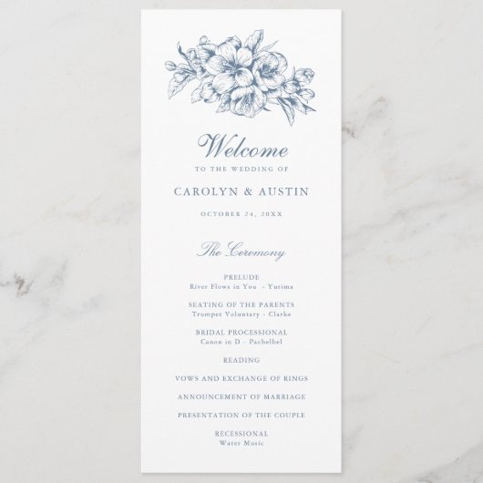 Floral Elegant  Botanisch Blauw Bruiloft Programmakaart (Voorkant)