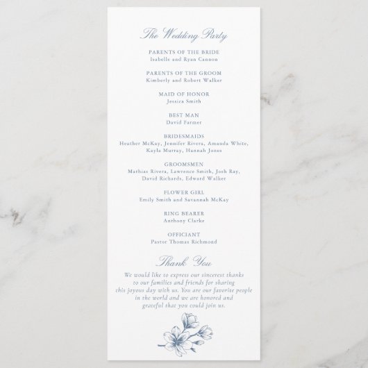 Floral Elegant  Botanisch Blauw Bruiloft Programmakaart (Achterkant)