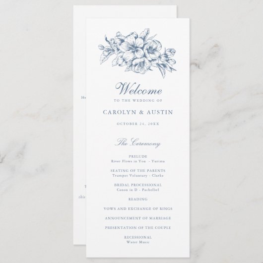 Floral Elegant  Botanisch Blauw Bruiloft Programmakaart (Voorkant / Achterkant)